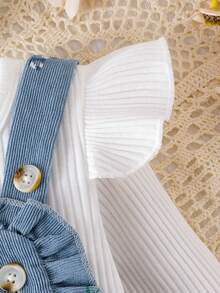 2pcs Baby Girl Casual Solid Color Ribbed Long Sleeve T-Shirt Top And Ditsy Floral Bow Decor Bib Overalls Pants Set - Blue - View 6