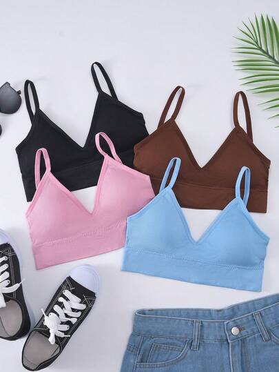 4件装休闲简约舒适无缝运动文胸，柔软基础款无缝内衣，适合学生和青少年日常穿着