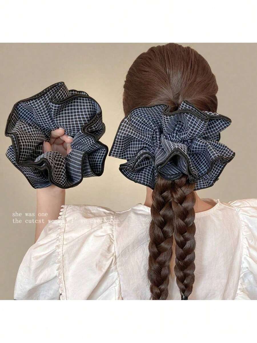 Fashion Retro Plaid Double-Layer Large Intestine Hair Band Low Ponytail Hair Rope Ball Head Women's Rubber Band Hair Tie Head Rope Head Flower Hair Accessories - 寶藍色 - 查看 1