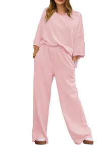 Fisoew Womens 2 Piece Lounge Sets Casual 3/4 Sleeve Tunic Tops Loose Wide Leg Pants Tracksuit Fall Travel Outfits - 粉色 - 查看 2