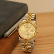 PROKING 1pc 40mm Men's Watch, Luxury Business Waterproof Stainless Steel Case & Band Quartz Watch With Calendar, Luminous Pointer, Black Dial With Rhinestones, Suitable For Daily Wear, Birthday Gift - Gold - View 7