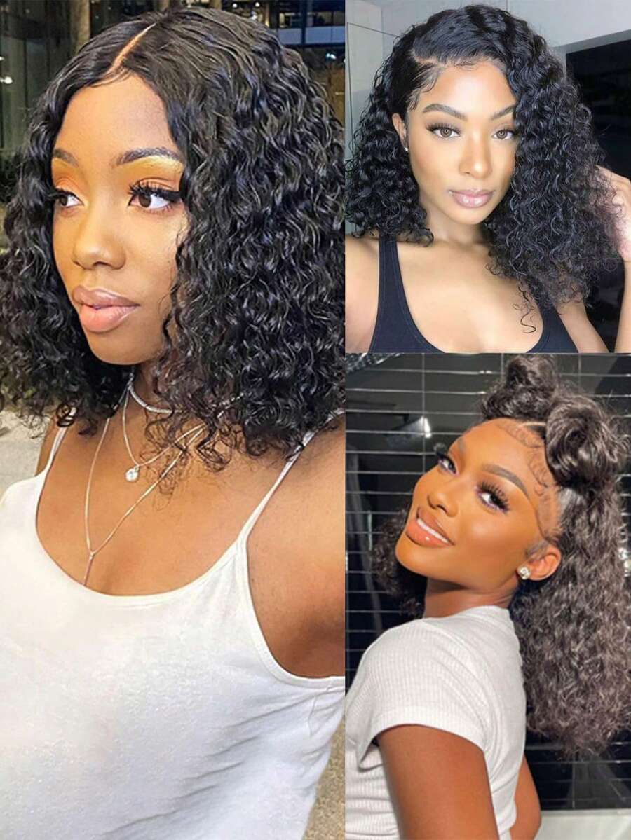 Eulisi Tóc giả Bob ngắn bằng tóc thật 13X4 Tóc giả ren phía trước xoăn bằng tóc thật cho phụ nữ Tóc giả ren phía trước trong suốt không keo 180 mật độ Tóc giả tóc thật được nhổ sẵn với tóc con Đường chân tóc tự nhiên (8-14 inch)