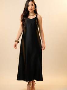 Italian Style Boat Neck Sleeveless Fitted Dress For Women - 黑色 - 查看 4