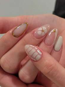 10pcs Ins Inspired Floral & Snake Skin Pattern Press On Nails, Gentle Spring Tie Dye Nail Art With 3D Gold Trim, Natural Nude Base With Gold Beads Decor, Elegant Nail Tips Suitable For Women & Girls Daily And Party Wear, Full Cover Long False Nails (Random Packaging Card), Comes With Nail Art Tools Kit, Great Gift For Females