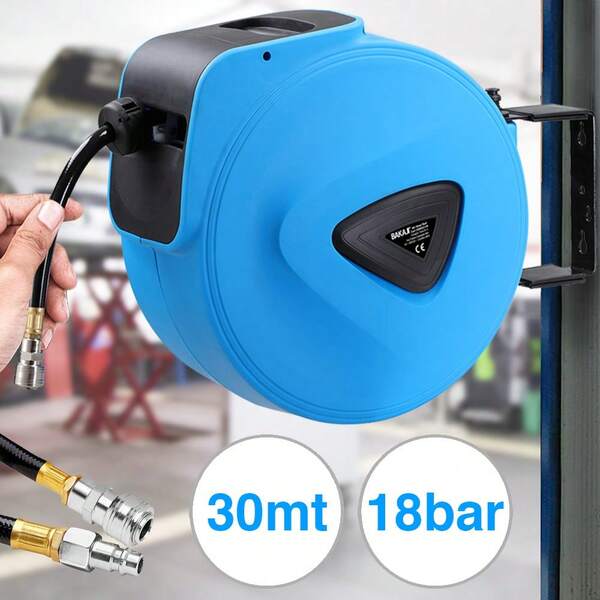 Bakaji Avvolgitubo Aria Compressa con Tubo 30 mt Attacco 1/4" Fissaggio a Parete Muro Sistema blocco automatico, Salvaspazio Accessorio Compressore Aria compressa Pressione Max 18 Bar