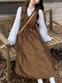 Sweet Mori Style Mid-Length A-Line Dress, V-Neck Suspender Dress Suit For Women, Autumn