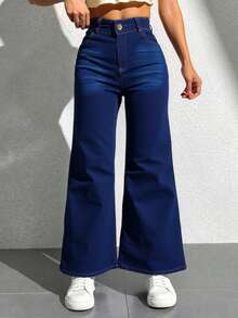 Pantalon jeans pierna ancha wide leg ajustable bolsillos sexy - Azul Marino - Ver 2