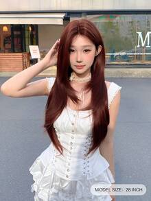 alicegarden 额头蕾丝 4 * 1，额头蕾丝直发假发，红色 28 英寸日常自然半编织，自然日常使用逼真假发 - 紅色 - 查看 4