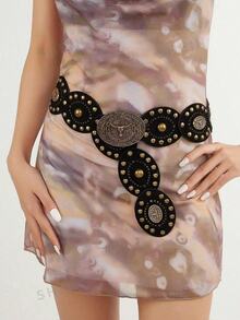 1 条棕色新款公牛波尔卡圆点街头 PU（聚氨酯）女士腰带，适合所有季节 - 黑色 - 查看 13