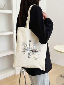 女士巴黎街头印花购物袋，女士可重复使用埃菲尔铁塔图案字母印花手提包，休闲单肩包，大容量学校杂货店购物袋，适合教师、女性、女朋友和家人的最佳礼品袋，书包，便携，大容量，适合少女大学生，非常适合办公室、大学、小学、初中、高中、工作、商务、通勤、购物、度假 - 米色 - 查看 2