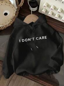 Casual Simple "I Don't Care" Graphic Print White Hooded Long Sleeve Loose Thick Fleece Sweatshirt For Women Back To School Fall And Winter Clothing HoodieY2Y-W-Sudaderas - 黑色 - 查看 1