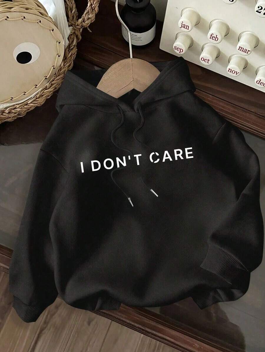 Casual Simple "I Don't Care" Graphic Print White Hooded Long Sleeve Loose Thick Fleece Sweatshirt For Women Back To School Fall And Winter Clothing HoodieY2Y-W-Sudaderas - 黑色 - 查看 1