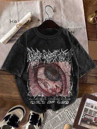 YUNCHIC 男士复古水洗T恤，创意眼睛图案，休闲宽松版型，轻盈舒适，适合夏季户外活动和日常穿着，面料柔软有弹性。