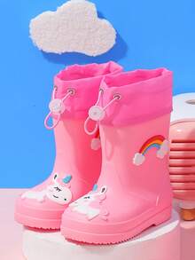 2025 New Children's Mid-Calf Rain Boots, Thick Warm Durable Rubber Boots, Cute Cartoon Drawstring Design, Waterproof, Non-Slip, High-End Rubber Shoes For Boys And Girls, Elementary School Students, Fresh Style Mid-Calf Rain Boots, Sturdy And Reliable - Pink - View 3