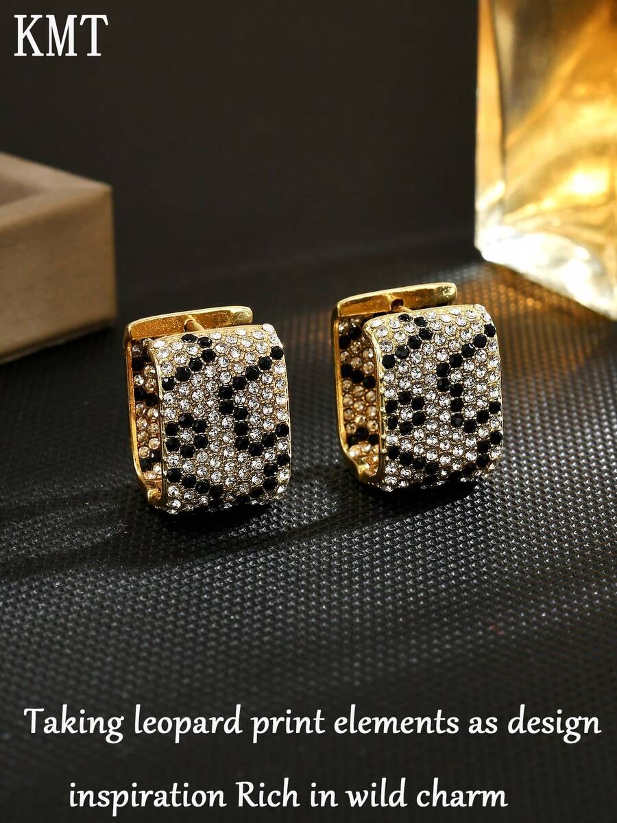 KMT 2pcs Copper Inlaid Zirconia Leopard & Snake Print Luxury Women's Fashion Earrings, Elegant Gift Box - Leopard Print - View 1