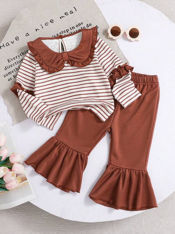 Korean Style Sweet Girls Toddler Set! Striped Peter Pan Collar Sweatshirt + Matching Flared Pants 2 Pieces Set, Retro Fashion, Suitable For Casual Wear, Events, Gifts