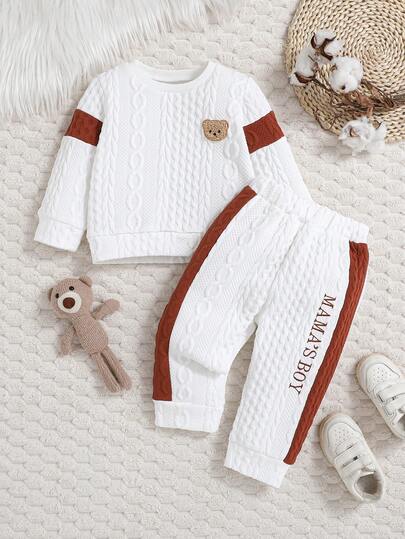 Autumn Cute Bear Toddler Boys 2 Pieces Set, White Cable Knit Top Paired With Matching Contrast Color Pants, Adorable Casual Cozy Outfit Suitable For Daily Wear, Gatherings, Gifts, Parent-Child Coordination