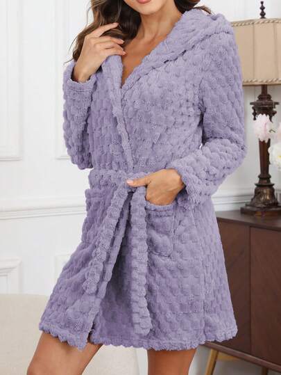 Casual Furry Hooded Waist Tie Sleepwear Robe, European & American Cross-Border E-Commerce