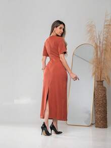 Long Dress With Short Sleeves With Belt Formal And Evening V775 - Burnt Orange - View 2