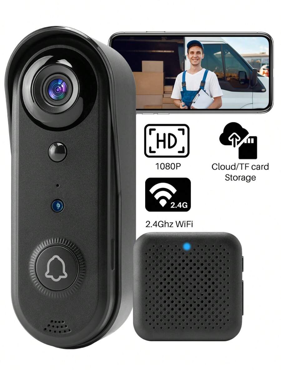 1080P Wireless Video Doorbell Camera, 2.4Ghz WiFi, HD Live Video, Two Way Audio, Night Vision, Human Detection, Free Cloud Storage And SD Card Storage,Instand Alert, Easy To Install, Weather Resistance, Outdoor/Indoor, Wireless Indoor Chime - màu đen - Xem 1