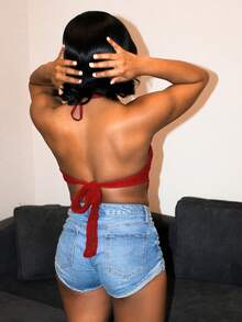 Steph T 女士夏季性感波西米亚海滩度假演唱会女士露背领带金属装饰钩针夏季上衣，夏季，俱乐部性感上衣 - 酒紅色 - 查看 6