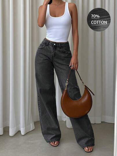 بنطلون جينز ذو خصر عالي وساق مستقيمة، بنطلون جينز فضفاض وواسع الساق، بنطلون قطني كاجوال طول الكاحل، مناسب للمكتب والخارج والعمل، بنطلون أبيض