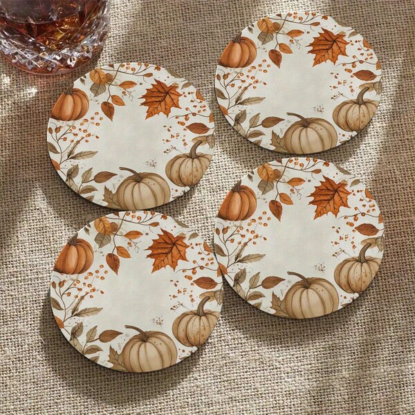 Set Of 4, Round Wooden Coasters With Pumpkin And Maple Leaf Design - Rustic Fall Themed Table Protector For Home, Office And Holiday Decor - 4 Inches/10 Cm - Great For Halloween, Thanksgiving And Seasonal Gatherings, Fall Home Decor | Rustic Coaster Design | Durable Tableware, Kitchen Decorations, Table Decorations, Kitchen Accessories, Choose From 1 Set,2 Sets Or 46 Sets,Coaster Set,Coasters Drink Coasters,Coaster For Cup At Home