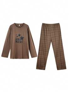 2 Stücke Herren Strick Pyjama Set, Langarm Hemd und lange Hose, kariertes Muster, lässige Loungewear