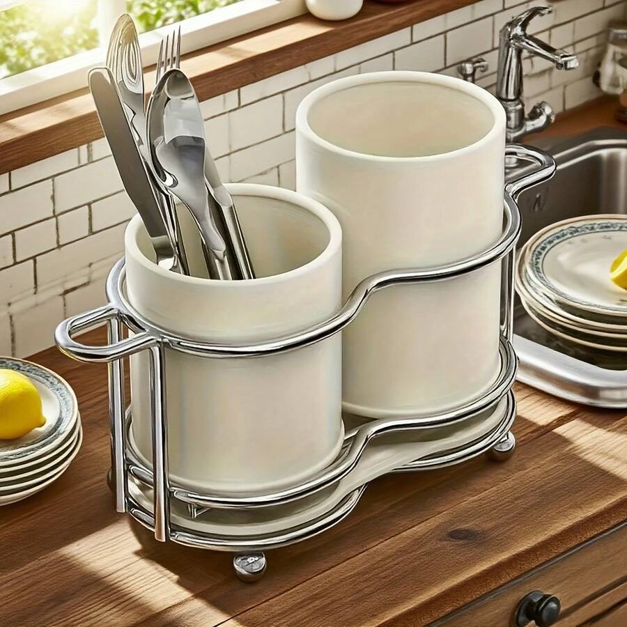 1 Durable Chopstick Holder, Space-Saving Cutlery Organizer, Made Of Durable Material Storing Cutlery - Multifunctional Kitchen Countertop Drainer And Holder Drying Cutlery (Chopsticks/Spoons), Stylish And Design, Chopstick And Spoon Holder, Chopstick Box, Covered Chopstick Holder, Chopstick Drying Rack, Chopstick And Spoon Rest, Cutlery Rack, Compact Design, Simple Storage Solution, Rust-Resistant Material, High-Quality Metal, Cutlery Rack, Multifunctional Storage - trắng - Xem 1