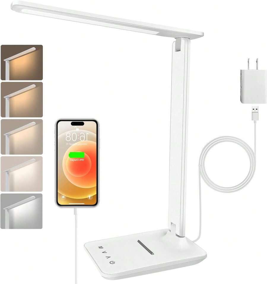 LED Desk Lamp Dimmable Table Lamp Reading Lamp With USB Charging Port, 5 Lighting Modes, 7 Brightness Levels, Sensitive Control, 30/60 Min Auto Timer, Night Light, Foldable Portable Desk Light For Home Office Bedroom Reading, - 白色 - 查看 1