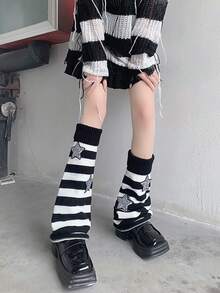 1 Pair Y2K Academy Style Stripe Women's Knitted Leg Cover-Black Long Calf Knitted Set Star Leg Set Hot Girl Piled , Cozy
