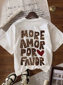 大码女式秋季豹纹字母图案 T 恤，休闲圆领短袖 T 恤，可爱女式休闲圆领短袖 T 恤，秋季服装，返校，大码 T 恤 - 白色 - 查看 3