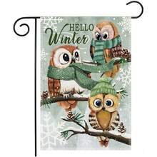 1pc Winter Yard Textile Hanging Decor, Green Theme Welcome Winter Cute Owl Garden Flag, 12x18 Faux Linen Double-Sided Printed, Christmas Snowy Cottage Home Decor, Suitable For Winter Country Party, Outdoor Lawn, Porch, Cafe, Farmhouse Decoration, Flag Pole Not Included