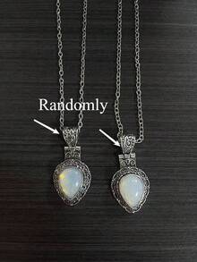 1件波西米亚风月光石水滴吊坠项链，男女皆宜的时尚合成宝石首饰配饰，配O形链 - 銀色的 - 查看 7
