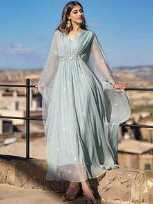 Fashion Light Green Dress: V-Neck And Waist Delicate Pearl Decor, Flowing Butterfly Sleeve Shiny Fabric Making Elegant Style