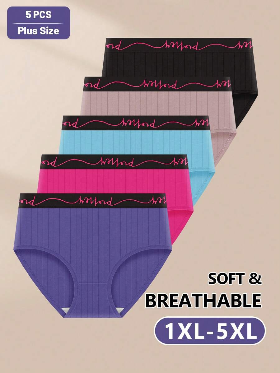 MEIYATING 5pcs Large Size Underwear, Plus Size, Women'S Underwear, Mid-Waist Underwear, Letter Belt, Vertical Stripes, Soft Style - 彩色 - 查看 1