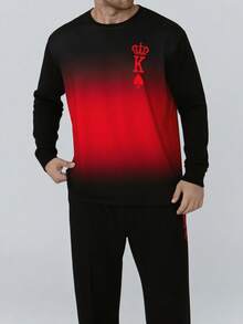 مجموعة ملابس نوم للرجال كبار الحجم 2 قطعة، طباعة تاج وبطاقة لعب قلب، ملابس منزلية كاجوال، ملابس علوية رقبة طاقم مع جيب وبنطلون طويل، مناسبة للربيع والخريف والشتاء