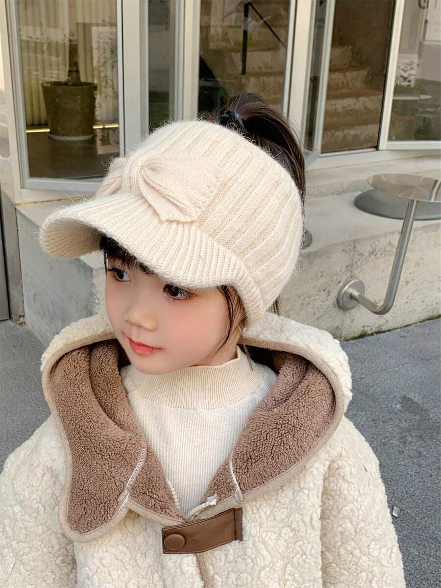 1 件女童可爱蝴蝶结针织帽，温暖厚秋冬休闲户外婴儿帽 - 米色 - 查看 1