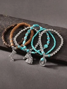 6 件西部牛仔风格复古椰子壳、绿松石串珠牛仔帽、靴子吊坠多层手链套装，弹性手链适合女士休闲、节日装 - 彩色 - 查看 8