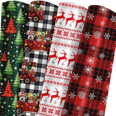 4 Sheets Christmas Wrapping Paper - Holiday Gift Wrap White & Black Plaid With Truck, Black & Red Plaid With Snowflake Green Christmas Trees, Deer Xmas Design For Christmas, Birthday, Holiday, Party, Baby Shower - 19.7 Inch X 27.5 Inch Per Sheet