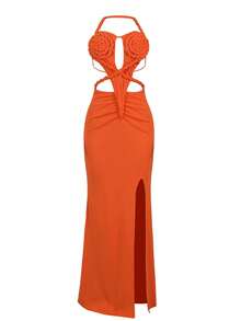 性感露背细肩带紧身连衣裙 - 女士露背夏季针织连衣裙，弹力修身A字迷你连衣裙，约会、度假派对、婚礼的完美之选 - 橘色 - 查看 2
