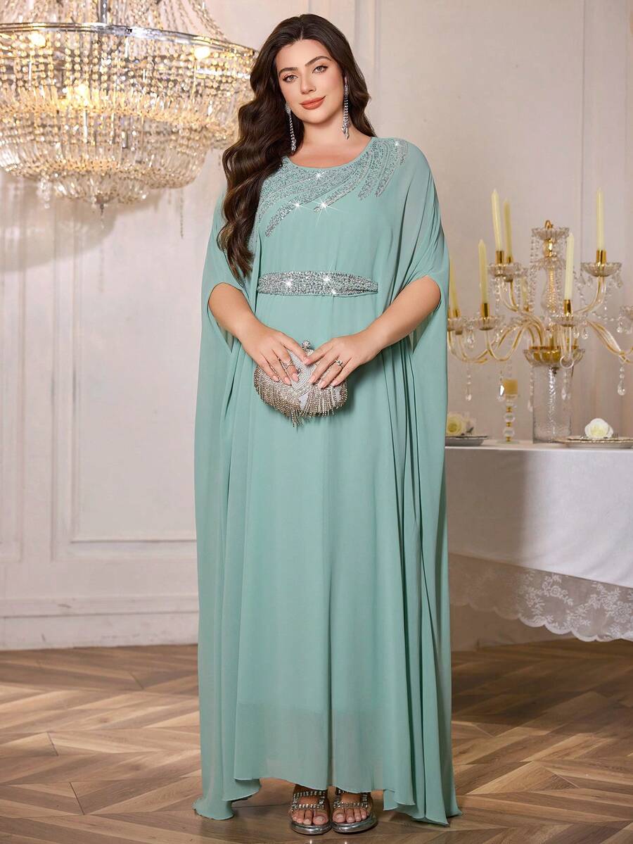 Plus Size Women's Solid Color Sequin Decor Belted Round Neck Elegant Long Arabic Abaya Summer