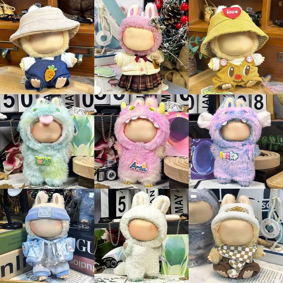 Ropa de muñeca de 6.69 pulgadas, compatible con Labubu, 1 set de accesorios - Sombrero de cubo de moda, top, pantalones con tirantes, mono, adecuado para muñecas de 6.69 pulgadas, accesorios lindos de BuLabu para jugar y exhibir (muñeca no incluida)