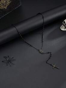 1pc Vintage Style Beaded Chain Cross Pendant Necklace, Stainless Steel Long Chain, Suitable For Men's Daily Wear, Halloween Accessory