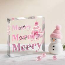 1pc Christmas Desk Decoration Sign, 4X4 Inches, Santa Claus Square Acrylic Ornament, Christmas Quote Design, Pink Christmas Decor, For Living Room Decoration