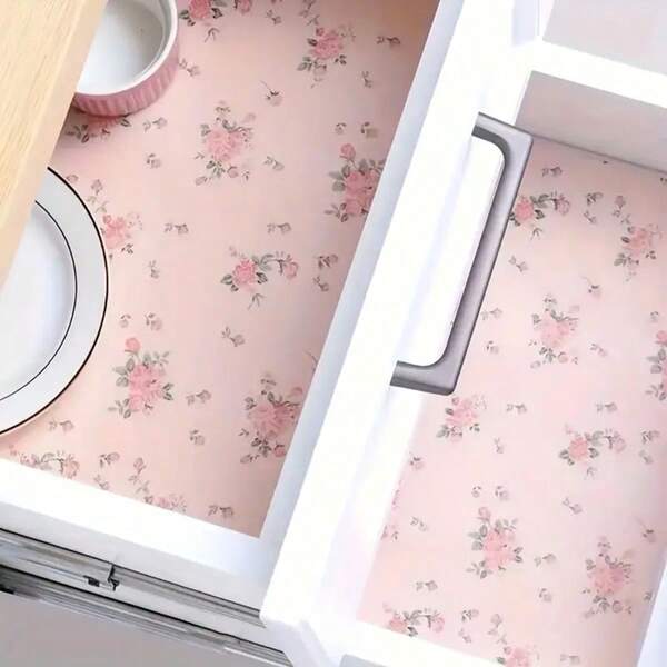1 Roll Anti Slip PVC Lining&Drawer Pad - Hydroponic Cutting Style Light Pink Floral Design With White Flowers, Durable And Moisture-Proof Cabinet Organizer Suitable For Kitchen And Bathroom Cabinets, Drawers, And Sideboards - Easy To Clean, Scratch Resistant Surface Protection