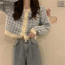 丸襟チェック柄ニットカーディガン女性の春と秋の新作小柄なゆったりとした年齢を軽減するショートコートセーター - ブルー - チェックする 3