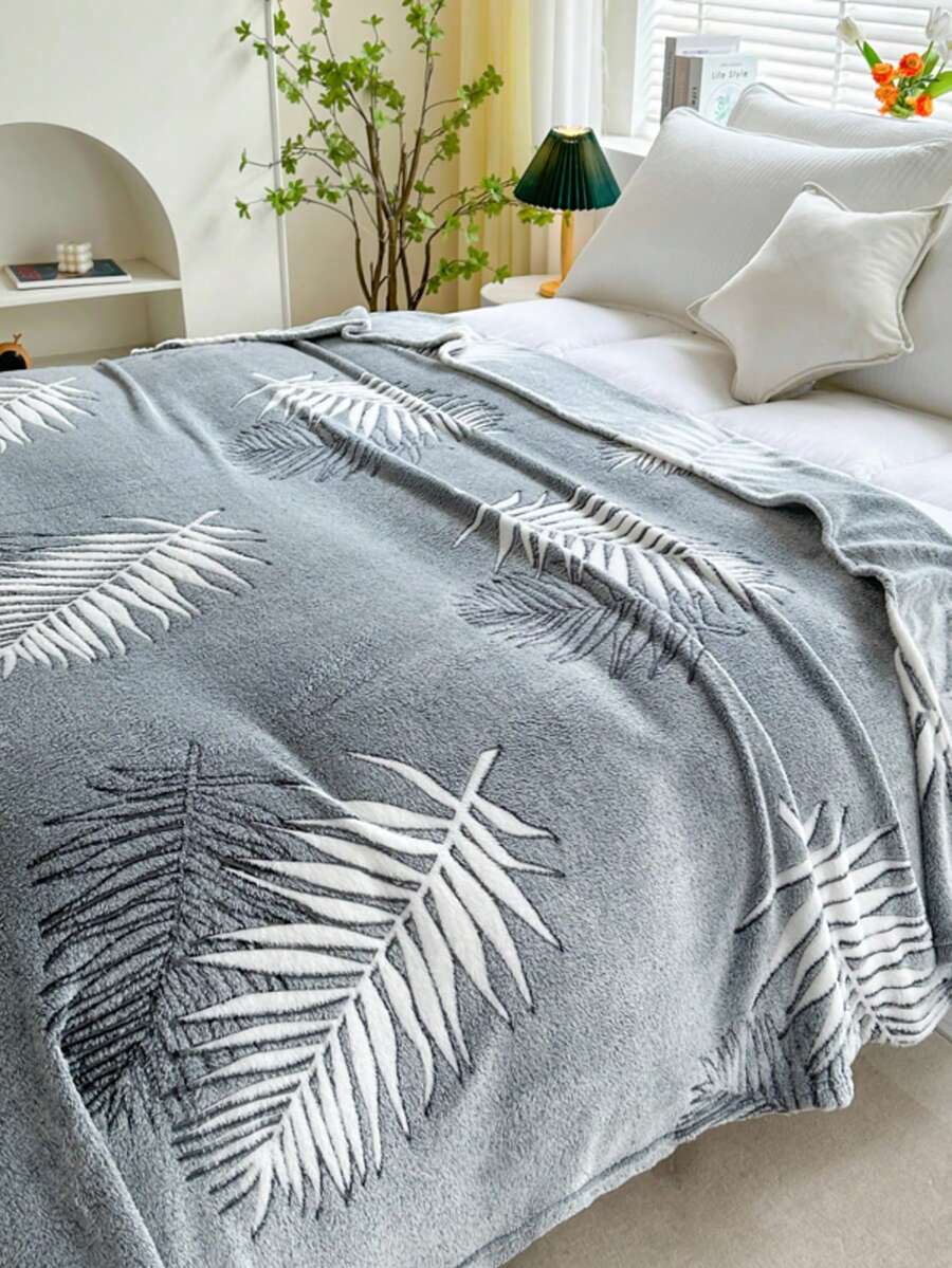 1 件灰色羽毛图案毛绒毯，温暖厚实，适合秋冬季，柔软亲肤，多尺寸多用途盖毯，适合客厅、沙发、卧室 - 灰色 - 查看 1