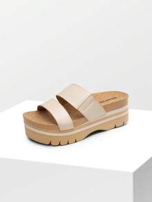 Women's Platform Slides Sandals Comfortable Arch Support Cork Cushion Footbed Two Strap Slip-On Fashion Flatform Beach Wedge Sandals - Beige - View 3
