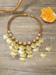 2 piezas Aretes y 1 pieza Collar de cadena con bloque de cuentas geométricas multicapa con borla, conjunto de joyas casuales para fiesta en la playa para mujeres - Estrella - Ver 4